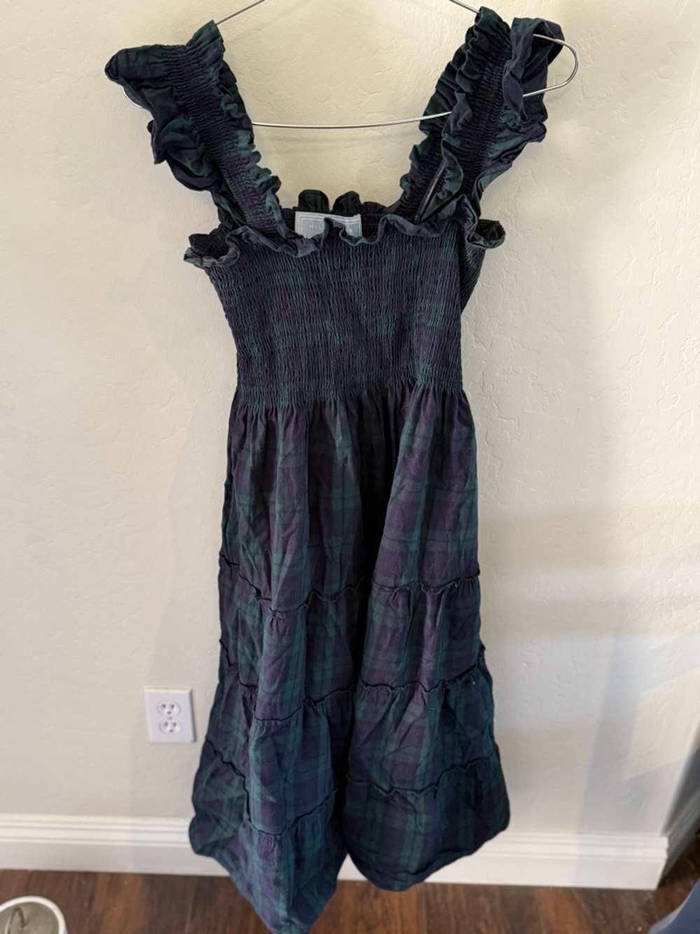 Hill House  Nap dress 
Navy and Dark Green Plaid Smocked Ruffle Strap Dress